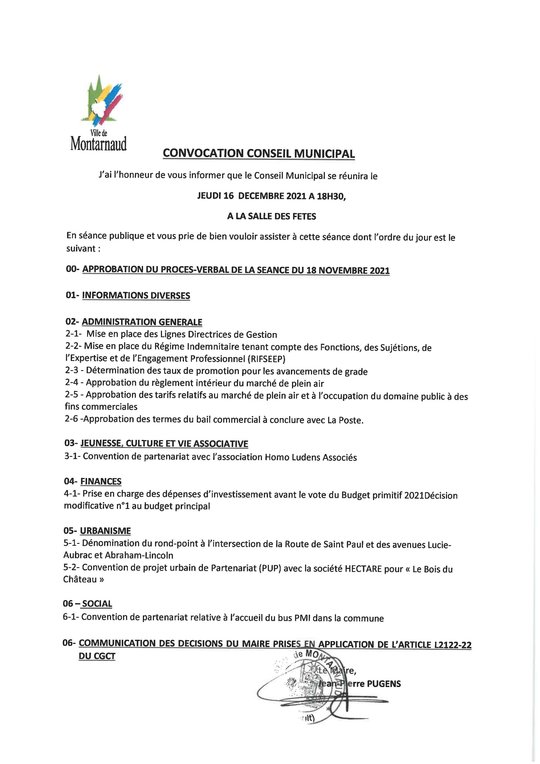 Convocation - Conseil Municipal du 16 décembre 2021 - PDF - 52.6 ko