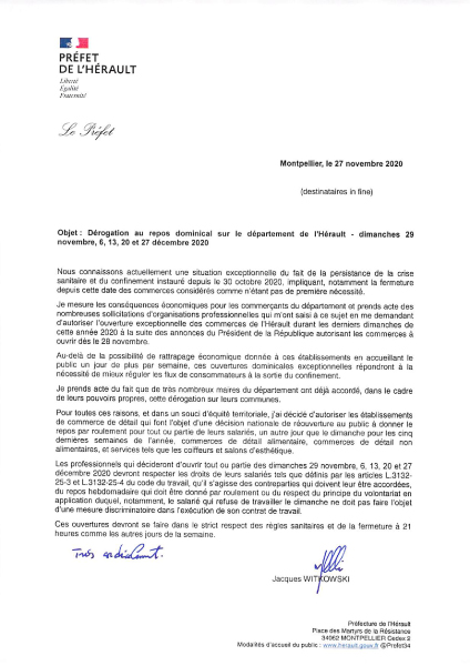 Arrêté Préfectoral du 27 novembre 2020 - Dérogation au repos dominical - PDF - 229.5 ko