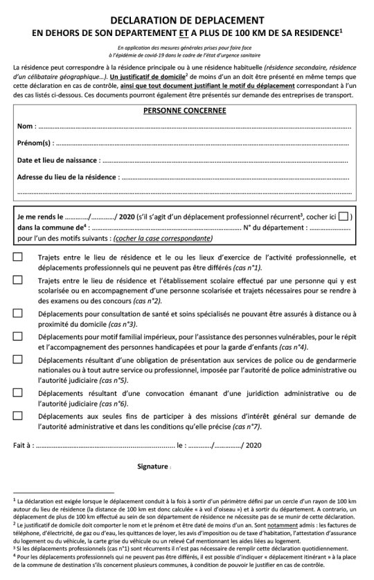 Déclaration de déplacement 100km (pdf) - PDF - 74.6 ko